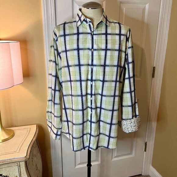 NWOT Thomas Dean‎ White Navy Green Blue Plaid Shirt w/ Floral Flip Cuff Size XL - Picture 2 of 6